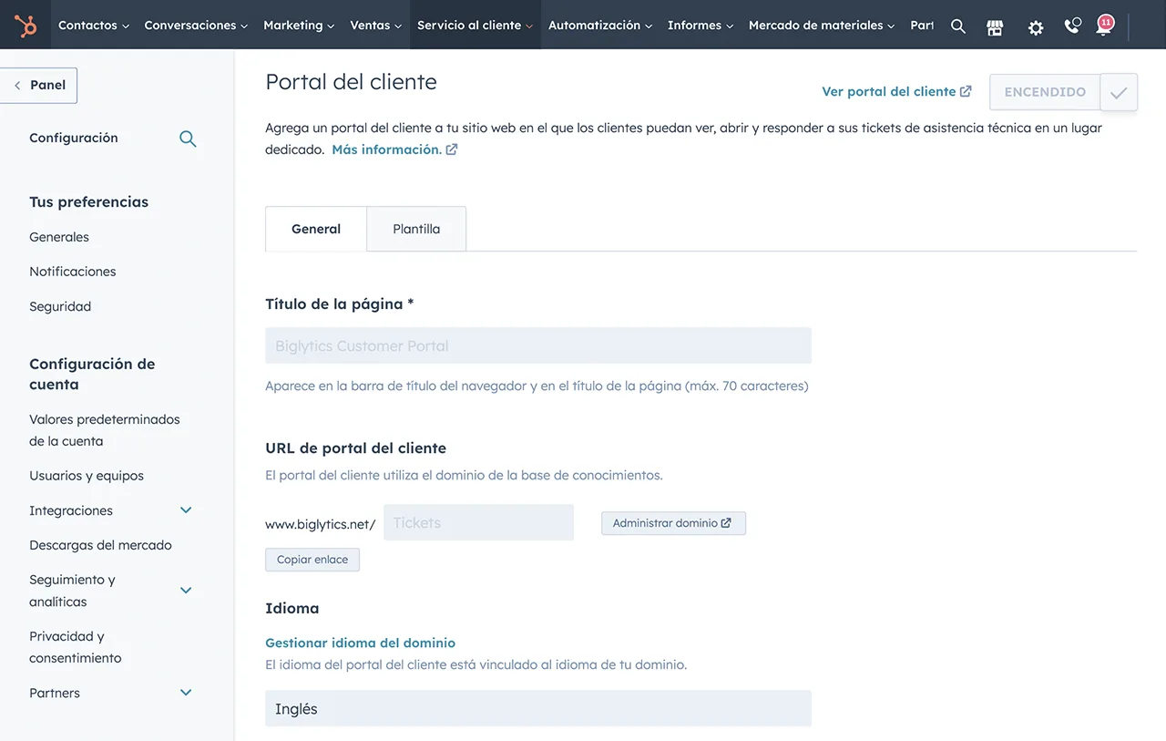 Imagen de la configuración general del portal del cliente